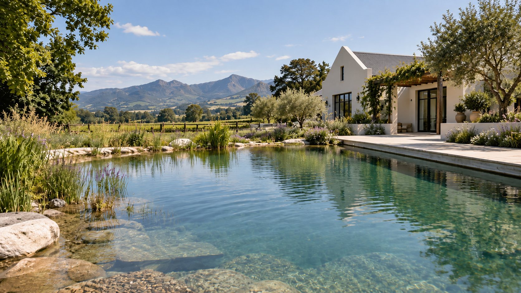 Natural swimming pool with reeds and stones in front of a farmhouse and mountains