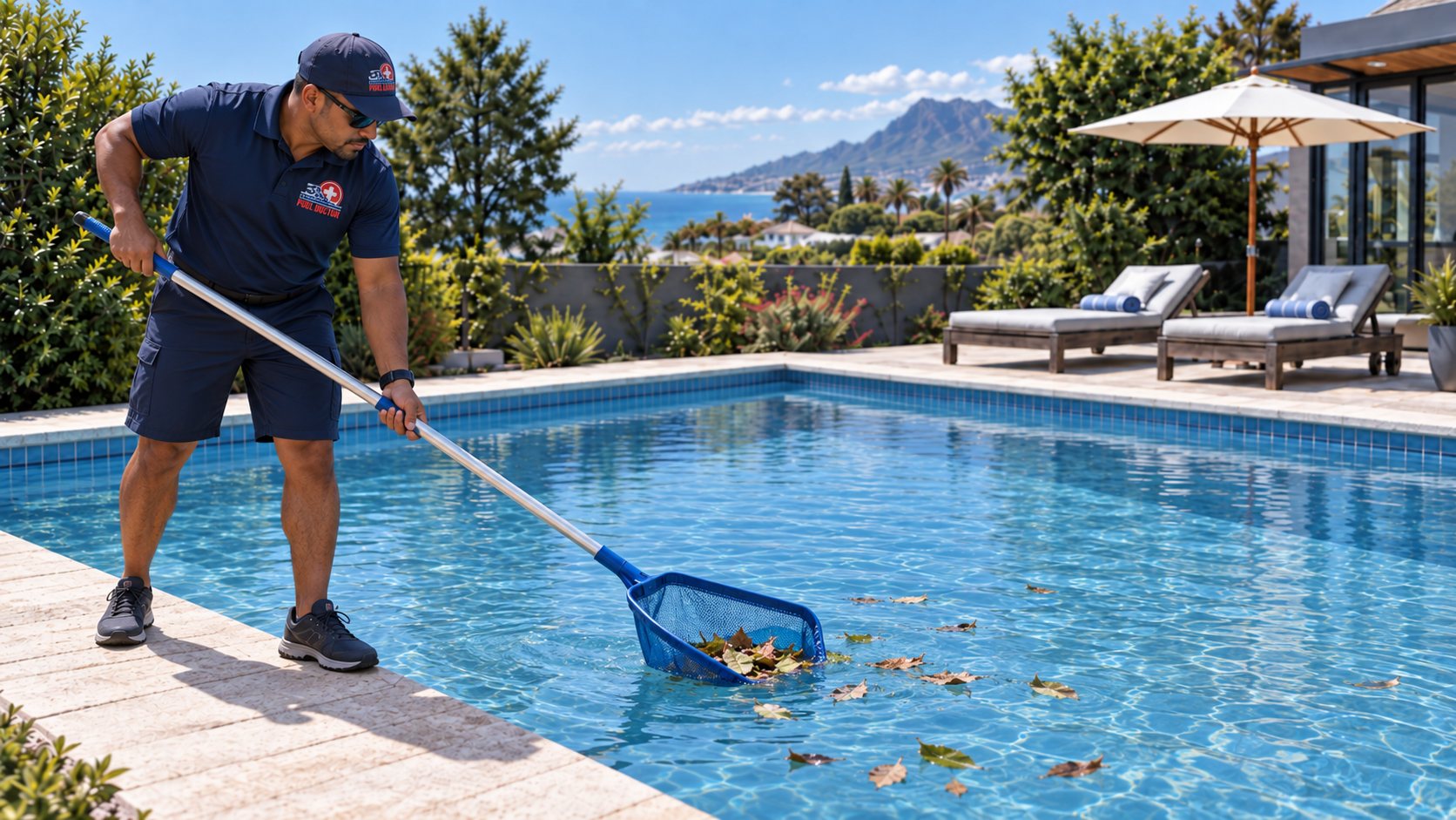 Pool Doctor technician skimming leaves from a sparkling swimming pool