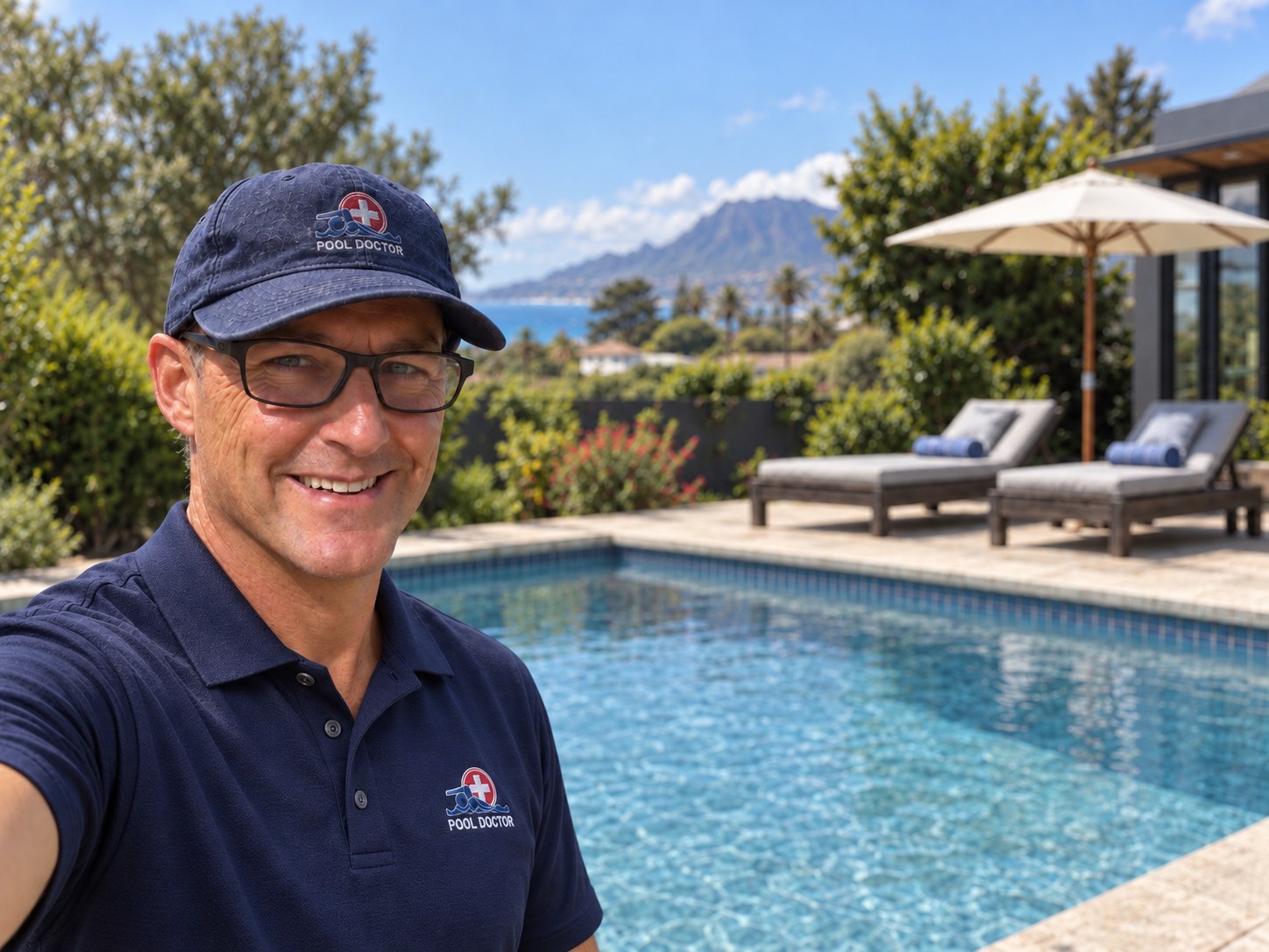Pool Doctor owner smiling beside a sparkling pool with mountains and the Cape Town coastline behind