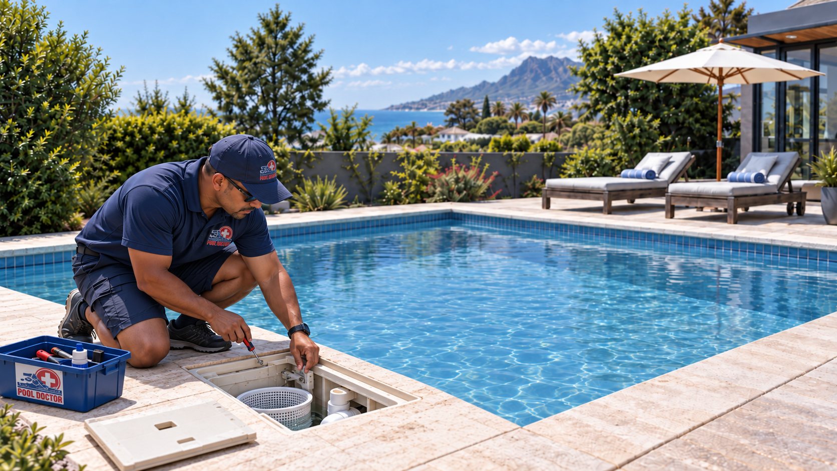 Pool Doctor technician repairing a pool skimmer beside a sparkling swimming pool