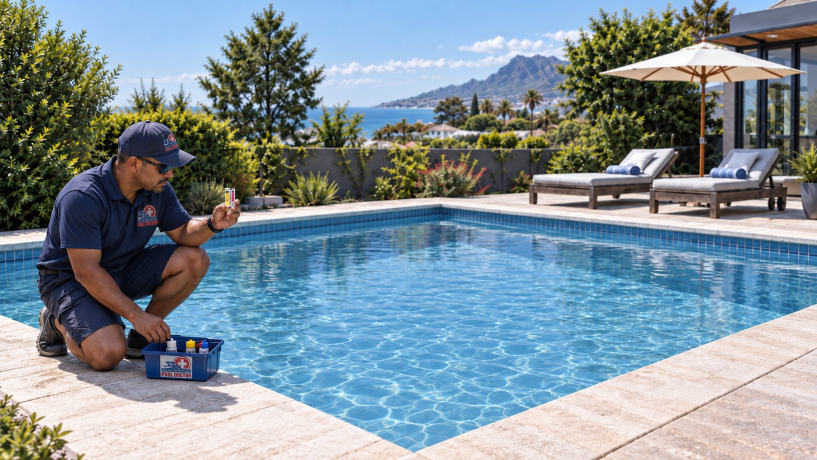 Pool Doctor technician testing pool water with a test kit beside a sparkling swimming pool